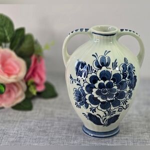 Vintage Distel Delft Blauw Handpainted Holland Vase With Handles 6.5 Blue Floral